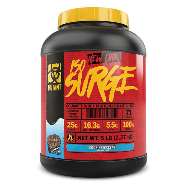 Mutant ISO Surge 5lbs by Mutant is a gourmet whey protein isolate shake in cookies and cream flavor, now with a NEW LOOK and updated nutrition info on its bold red and black label. Container size: 5 lbs (2.27 kg).