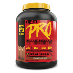 Mutant Pro Triple Whey Protein Blend 5lbs by Mutant, Rich Chocolate Milk flavor, offers 24g protein, 16g carbs, and 5.5g BCAAs per serving with whey protein isolate and hydrolyzed whey in a red and black tub.