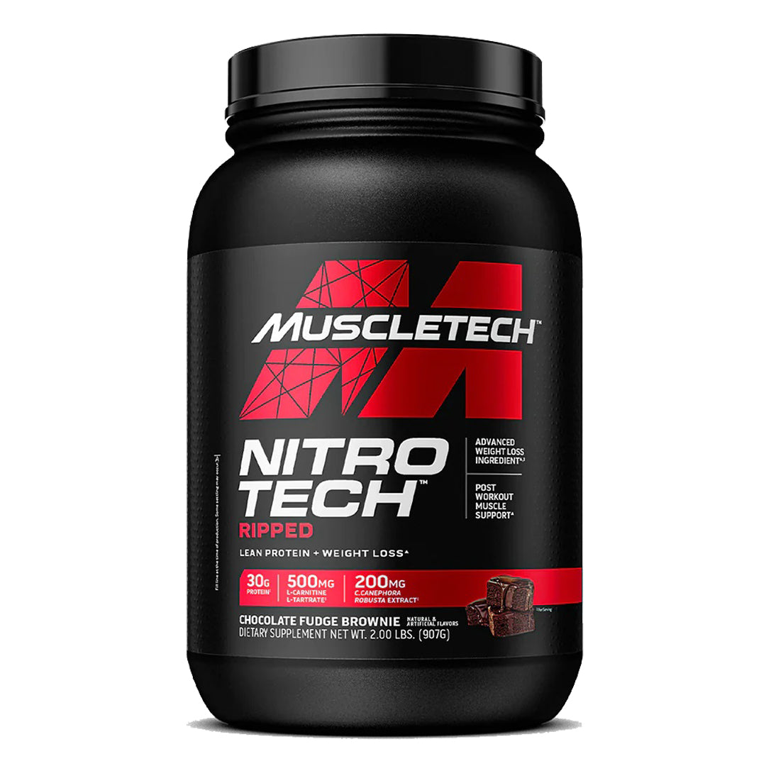 A black 2lb container of MuscleTech NitroTech Ripped protein powder, chocolate fudge brownie flavor, offers 30g protein, 500mg L-carnitine, and 200mg C. canephora robusta per serving; features red and white branding.