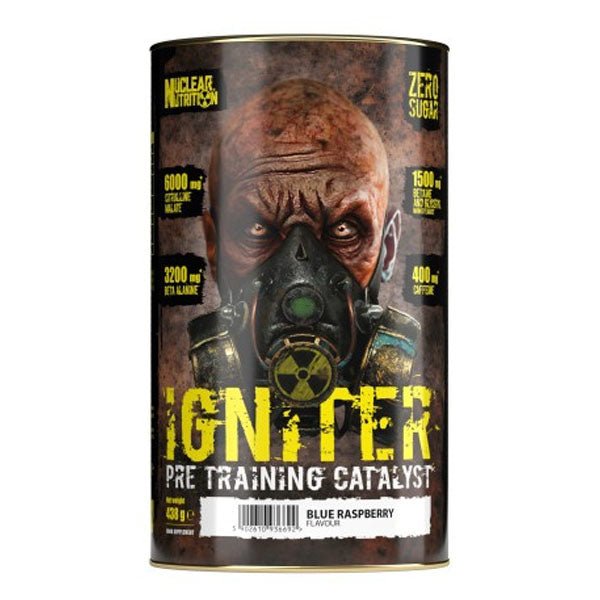 Nuclear Nutrition Igniter Pre Training Catalyst 438 g features “Zero Sugar” and “Blue Raspberry Flavour”—a pre-workout by Nuclear Nutrition, perfect for strength training supplement routines.