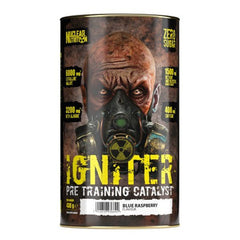Nuclear Nutrition Igniter Pre Training Catalyst 438 g features “Zero Sugar” and “Blue Raspberry Flavour”—a pre-workout by Nuclear Nutrition, perfect for strength training supplement routines.
