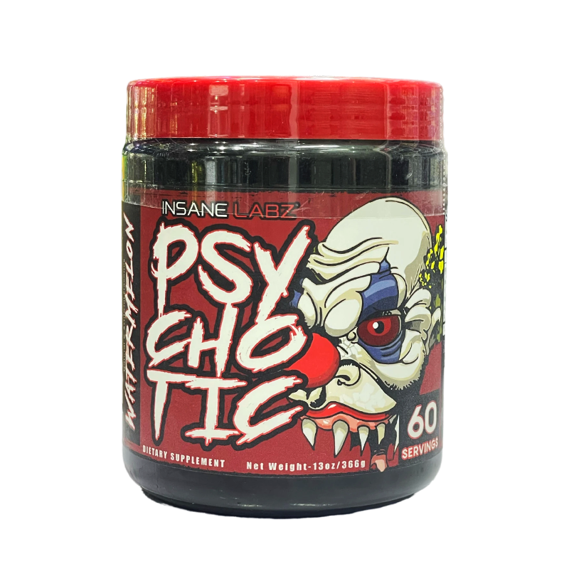 Insane Labz Psychotic preworkout supplement jar with watermelon flavor, 60 servings for intense energy boost.