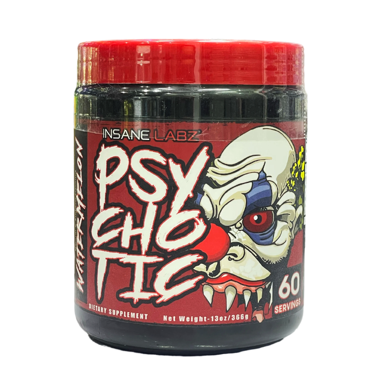 Insane Labz Psychotic preworkout supplement jar with watermelon flavor, 60 servings for intense energy boost.