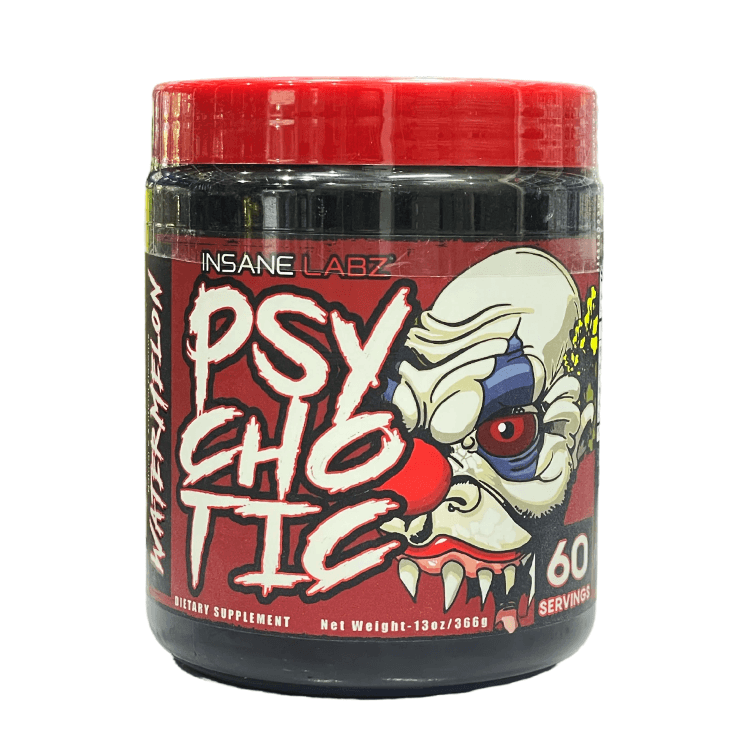 Insane Labz Psychotic preworkout supplement jar with watermelon flavor, 60 servings for intense energy boost.