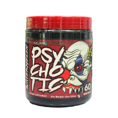 Insane Labz Psychotic preworkout supplement jar with watermelon flavor, 60 servings for intense energy boost.