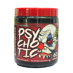 Insane Labz Psychotic preworkout supplement jar with watermelon flavor, 60 servings for intense energy boost.