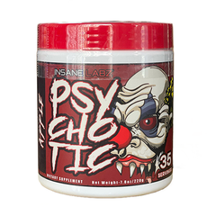 Insane Labz Psychotic dietary supplement container with clown design, 35 servings, apple flavor.