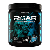 A black container of Rule One R1 Roar Ferocious Pre-Workout with a blue lion, tropical leaf accents, and blue raspberry flavor label. This training supplement provides 30 servings and weighs 10.58 oz (300g).
