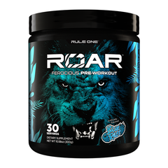 A black container of Rule One R1 Roar Ferocious Pre-Workout with a blue lion, tropical leaf accents, and blue raspberry flavor label. This training supplement provides 30 servings and weighs 10.58 oz (300g).