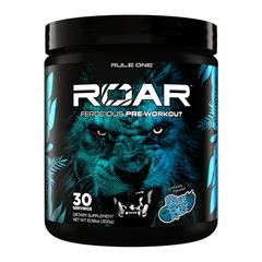 A black container of Rule One R1 Roar Ferocious Pre-Workout with a blue lion, tropical leaf accents, and blue raspberry flavor label. This training supplement provides 30 servings and weighs 10.58 oz (300g).