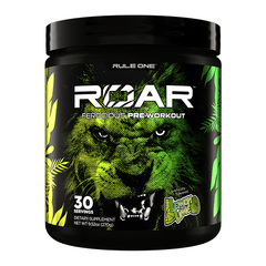 A black container of Rule One R1 Roar Ferocious Pre-Workout 30 Servings features a green lion face, lemon-lime flavor, and a net weight of 9.5 oz (270 g)—ideal for enhancing workout intensity.