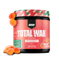 Redcon1 Total War pre-workout supplement with peach candy flavor on a white background