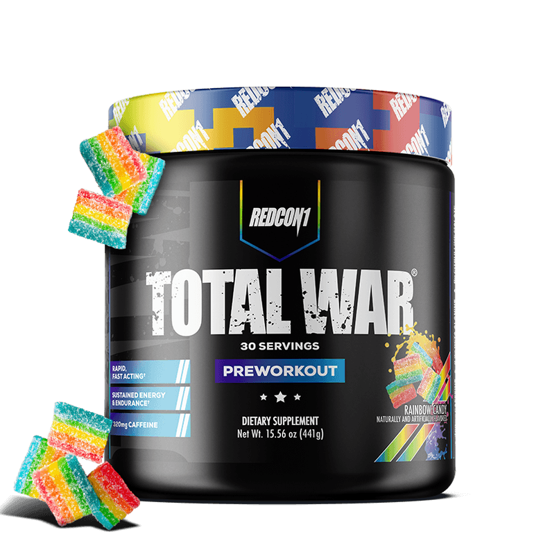 Black preworkout supplement container with colorful gummy bears on a white background