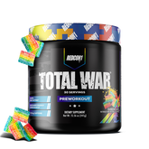 Black preworkout supplement container with colorful gummy bears on a white background