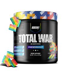 Black preworkout supplement container with colorful gummy bears on a white background