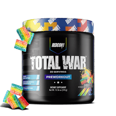 Black preworkout supplement container with colorful gummy bears on a white background