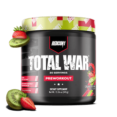 Redcon1 Total War preworkout supplement container with strawberries and kiwi on a green background