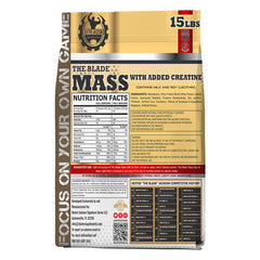 Supplement Facts for Blade Mass Gainer 7kg package featuring high-calorie formula with protein and creatine for muscle growth.