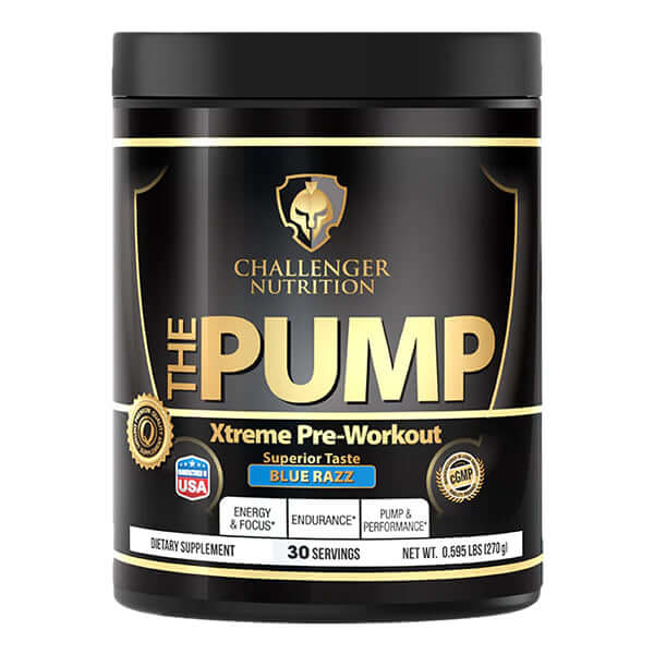 Challenger Nutrition The Pump Xtreme Pre-Workout in Blue Razz flavor, 30 servings, energy and endurance booster.