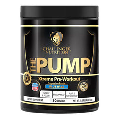 Challenger Nutrition The Pump Xtreme Pre-Workout in Blue Razz flavor, 30 servings, energy and endurance booster.