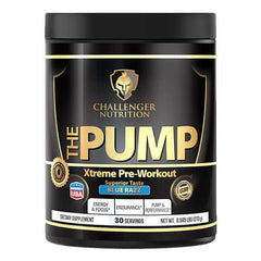 Challenger Nutrition The Pump Xtreme Pre-Workout in Blue Razz flavor, 30 servings, energy and endurance booster.