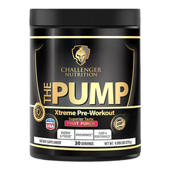 Challenger Nutrition The Pump Xtreme Pre-Workout in Blue Razz flavor, 30 servings, energy and endurance booster.