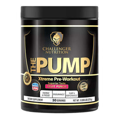 Challenger Nutrition The Pump Xtreme Pre-Workout in Blue Razz flavor, 30 servings, energy and endurance booster.