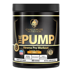 Challenger Nutrition The Pump Xtreme Pre-Workout in Blue Razz flavor, 30 servings, energy and endurance booster.