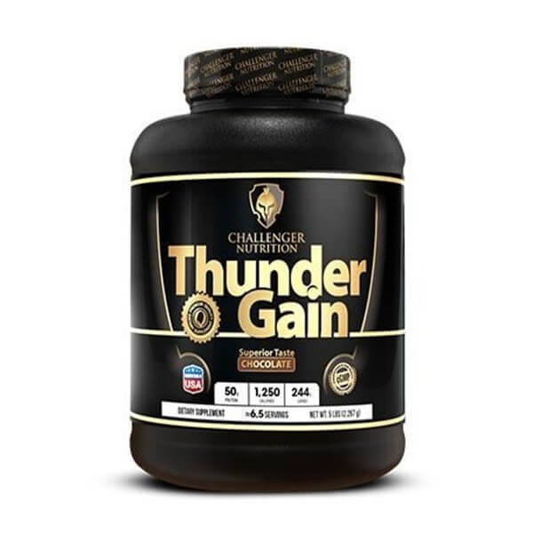 Thunder Gain 5lb weight gainer by Challenger Nutrition in chocolate flavor, designed for athletes and bodybuilders.