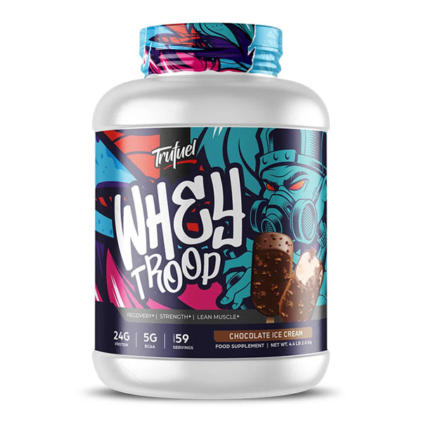 TrueFuel Trufuel Whey Troop 4.4lbs whey protein powder features a chocolate ice cream flavor and a bold label with colorful graphics of a masked character and chocolate-dipped ice cream bars—a premium dietary supplement.