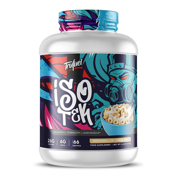 The TrueFuel Trufuel IsoTek 4.4lbs comes in a white tub with colorful graffiti art and a marshmallow cereal bowl on the label. Each serving offers 26g protein, 6g BCAAs, 166 calories, and a tasty marshmallow cereal flavor.