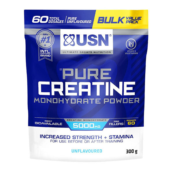 USN Pure Creatine Monohydrate Powder packaging, 300g, 60 servings, unflavoured, supports strength and stamina.
