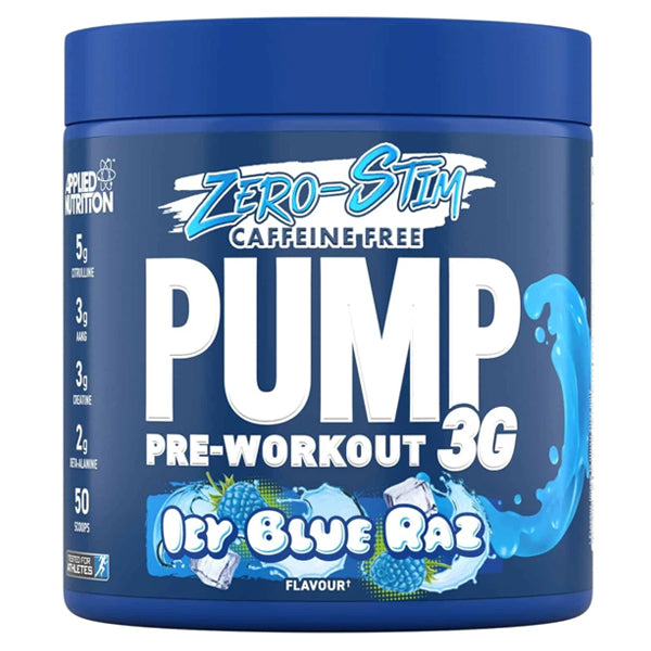 AN Pump 3G Caffeine-Free Pre-Workout in Icy Blue Raz flavor, 50 scoops, designed for enhanced focus and performance.