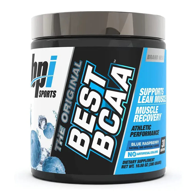 BPI-Sport Best BCAA 30 Servings supplement jar in Blue Raspberry flavor for muscle recovery.