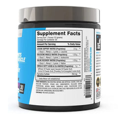 supplement facts for BPI-Sport Best BCAA 30 Servings supplement jar in Blue Raspberry flavor for muscle recovery.