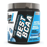 BPI-Sport Best BCAA 30 Servings supplement jar in Blue Raspberry flavor for muscle recovery.