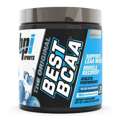 BPI-Sport Best BCAA 30 Servings supplement jar in Blue Raspberry flavor for muscle recovery.