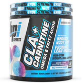 BPI Sport CLA+ Carnitine powder container for weight loss, featuring non-stimulant, sugar-free formula with 50 servings.