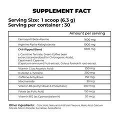 supplement facts for C4 Ripped pre-workout supplement by Cellucor in Tropical Punch flavor, 30 servings for enhanced energy and fat loss.