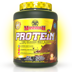 Mammoth Protein Blend supplement tub showcasing 24g protein per serving, featuring a 6-source whey blend for muscle recovery.