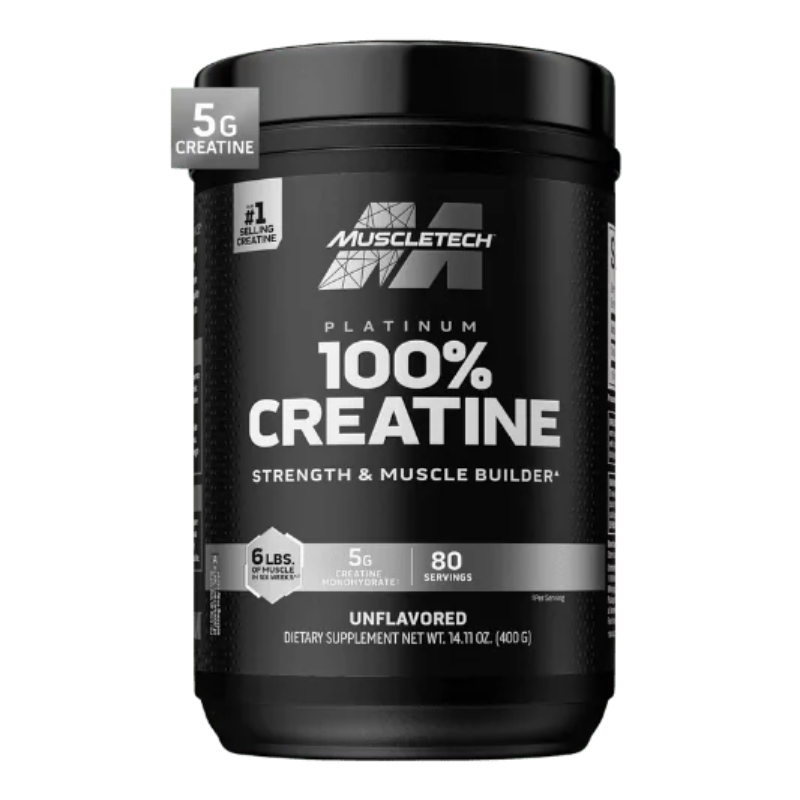 MuscleTech Platinum 100% Creatine, unflavored, 400g (80 servings) provides 5g creatine monohydrate per serving to boost strength, build lean muscle, and support up to 6 lbs muscle gain.