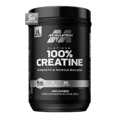 MuscleTech Platinum 100% Creatine, unflavored, 400g (80 servings) provides 5g creatine monohydrate per serving to boost strength, build lean muscle, and support up to 6 lbs muscle gain.