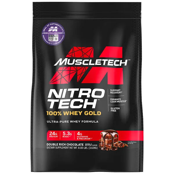A black and red 8lbs bag of MuscleTech NitroTech 100% Whey Gold, Double Rich Chocolate flavor, featuring 24g protein, 5.3g BCAAs, 4g glutamine per serving. Gluten free—ideal whey protein for muscle recovery in Pakistan. Chocolate pieces shown on the front.