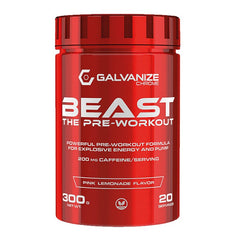 A red container with white text featuring Galvanize Nutrition’s Beast The Pre-Workout 300g by Galvanize Chrome in a refreshing Mango Sorbet flavor.
