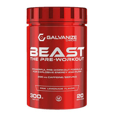 A red container with white text featuring Galvanize Nutrition’s Beast The Pre-Workout 300g by Galvanize Chrome in a refreshing Mango Sorbet flavor.