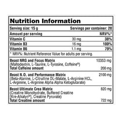 The Beast The Pre-Workout 300g by Galvanize Nutrition features a nutrition label listing serving size, servings per container, vitamins C, B3, B6, caffeine, creatine, amino acids, and proprietary blends—Mango Sorbet flavor.