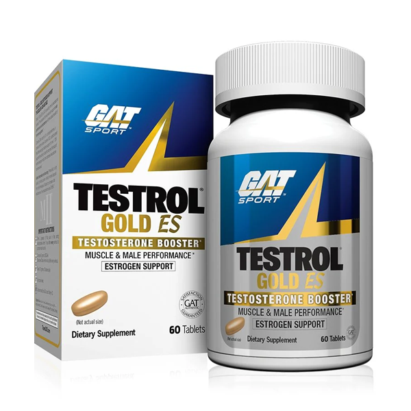 GatSport Testrol Gold ES testosterone booster, 60 tablets for muscle and male performance support.