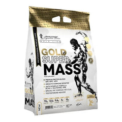Gold Super Mass 7kg bag by Kevin Levrone for muscle gain, featuring detailed nutrient information and a muscular design.