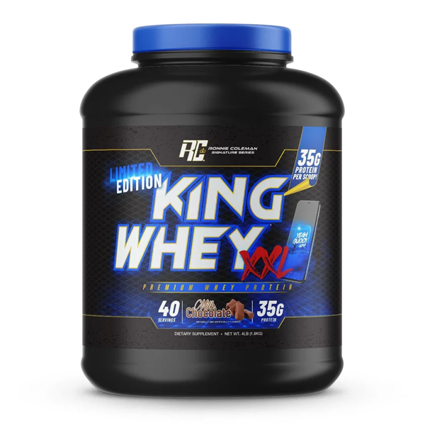RC King Whey Protein Blend 4lbs container with chocolate flavor and 35g protein per scoop for muscle growth.