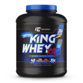 RC King Whey Protein Blend 4lbs container with chocolate flavor and 35g protein per scoop for muscle growth.